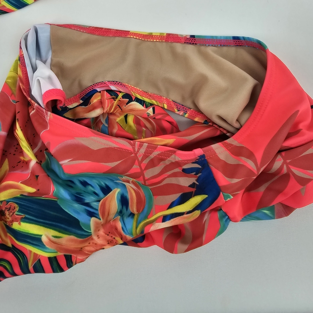Tropical Print Bikini Set - Coral Pink and Blue - Picture 6 of 7